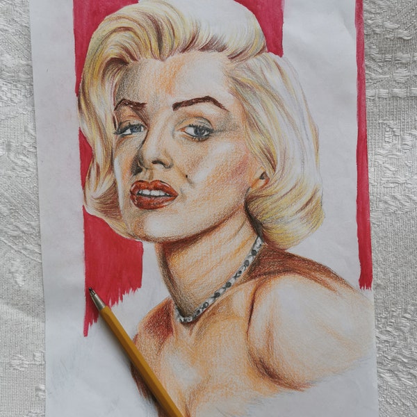 Marilyn Monroe drawing, poster, colored pencil and watercolor