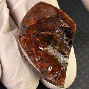 May include: A large, irregularly shaped, polished agate cabochon with a red, brown, and white pattern. The agate has a unique, swirling pattern with a variety of colors and textures.