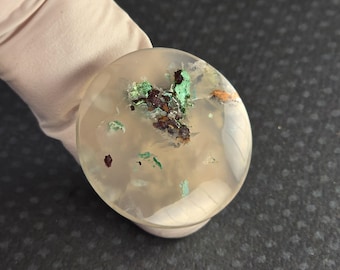 Chrysocolla Native Copper Chalcedony High Quality Artisan Cabochon 30 x 5mm round shape aqua tan visible copper flakes polished front back