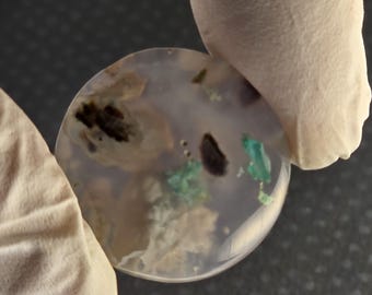 Chrysocolla Native Copper Chalcedony High Quality Artisan Cabochon 26 x 6mm round shape aqua tan tiny copper flakes polished front back