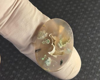 Chrysocolla Native Copper Chalcedony High Quality Artisan Cabochon 28x15x5 Oval aqua flakes with orbicular inclusion polisheded front back