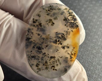 Chrysocolla in clear Chalcedony High Quality Artisan Cabochon 42x27x4.8 oval shape black copper plume black inclusions polished front back