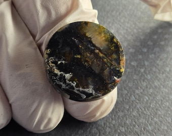 Black Chrysocolla Native Copper Chalcedony High Quality Artisan Cabochon 23.77 x 5mm round shape tan copper polished front back perfect size
