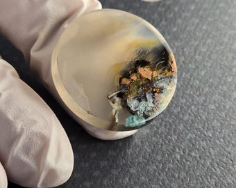 Chrysocolla Native Copper Chalcedony High Quality Artisan Cabochon 28 x 5mm round shape aqua tan visible copper flakes polished front back