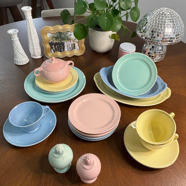 LuRay Pastels Vintage TS&T Color Dinnerware Assorted Dishes Plates Teacups Sugar Bowl Serveware Platter Green Yellow Blue Pink Mid Century