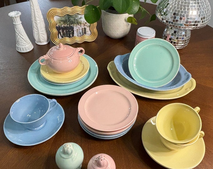LuRay Pastels Vintage TS&T Color Dinnerware Assorted Dishes Plates Teacups Sugar Bowl Serveware Platter Green Yellow Blue Pink Mid Century