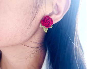 Red Rose Studs Earrings Pin and Ear-Clip Available Crochet Handmade Cute Garden Earring