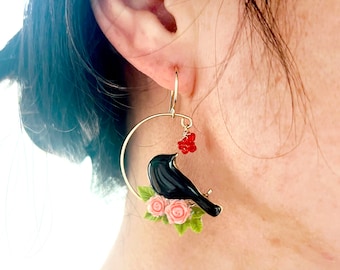 Bird Earrings Birds on Their Perch Poetic Crow Flower and Fruit Classic  Camellia Rose Red and Black Funny Miniature Unique Whimsical Gift