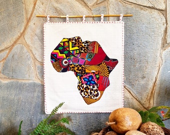 Chitenge/Ankara Fabric Patchwork Wall Art - Red Africa Map - African Wax Print Quilt Hanging - Kitenge - African Continent - African Decor