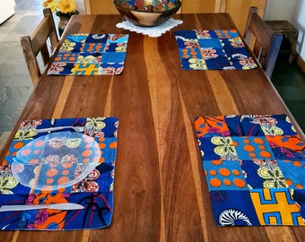 Chitenge/Ankara Placemats - Set of Four - African Wax Print Tablemat - Dining Decor - Colourful Tribal Print - Blue Patchwork