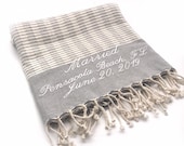 Embroidered Turkish Towel, Beach Wedding Gift for Couple, Personalized Scarf, Shawl, Gray