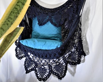 Hammock chair with double fringe crochet and artistic design. Hanging chair. Fast shipping. Delivery with DHL 2 to 3 days guaranteed.