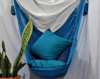 Hand-woven hammock chair light blue color with cotton and wood. Hanging chair. Chair hammock.  Mother's day gift. Fast delivery 2 to 3 days.