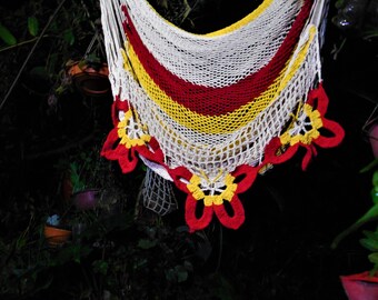 Hammock chair with crochet edge blue butterflies artistic design. Hanging chair. Fast shipping. Delivery with DHL 2 to 3 days guaranteed.