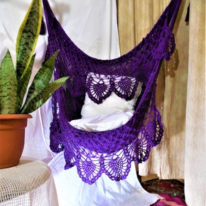 Spectacular large hammock chair with double crochet fringe/ornament. Hanging chair. Chair hammock. Valentine's Day. Fast delivery. Purple