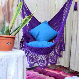Purple large hammock chair with crochet edge. Hanging chair. Chair hammock. Wedding decor. Fast shipping. Fast delivery DHL 2 to 3 days.