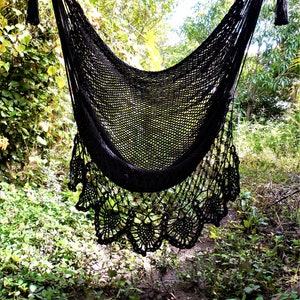 Black large hammock chair handmade with crochet edge. Hanging chair. Bedroom chair. Bohemian decor. Chair hammock. Free express shipping.