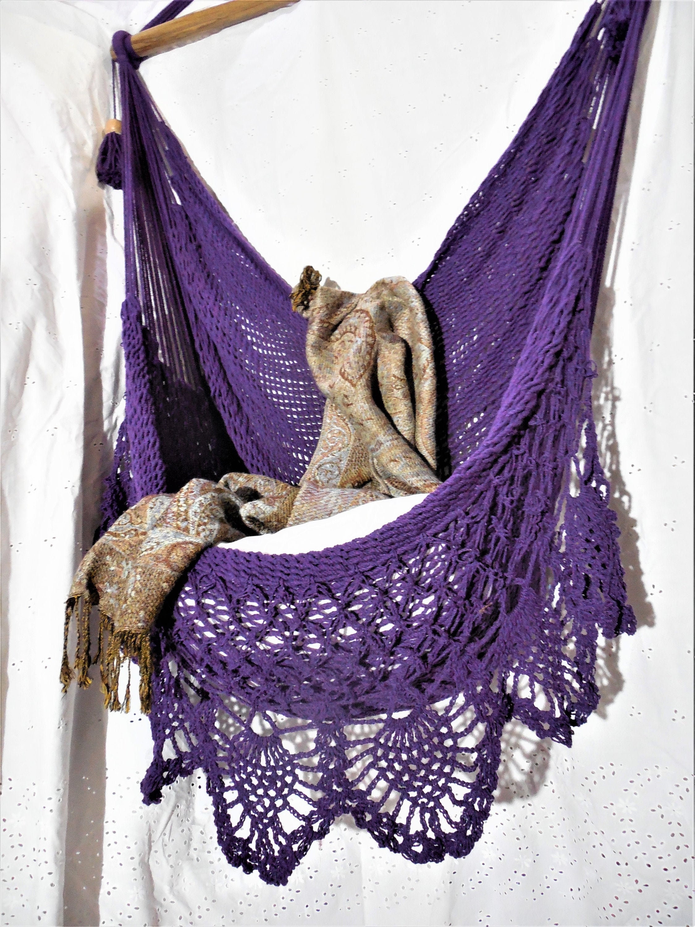 Purple large hammock chair with crochet edge. Hanging chair. Etsy