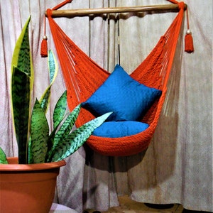 Hand-woven hammock chair orange color with cotton and wood. Hanging chair. Decor home. Delivery with DHL 2 to 3 days.