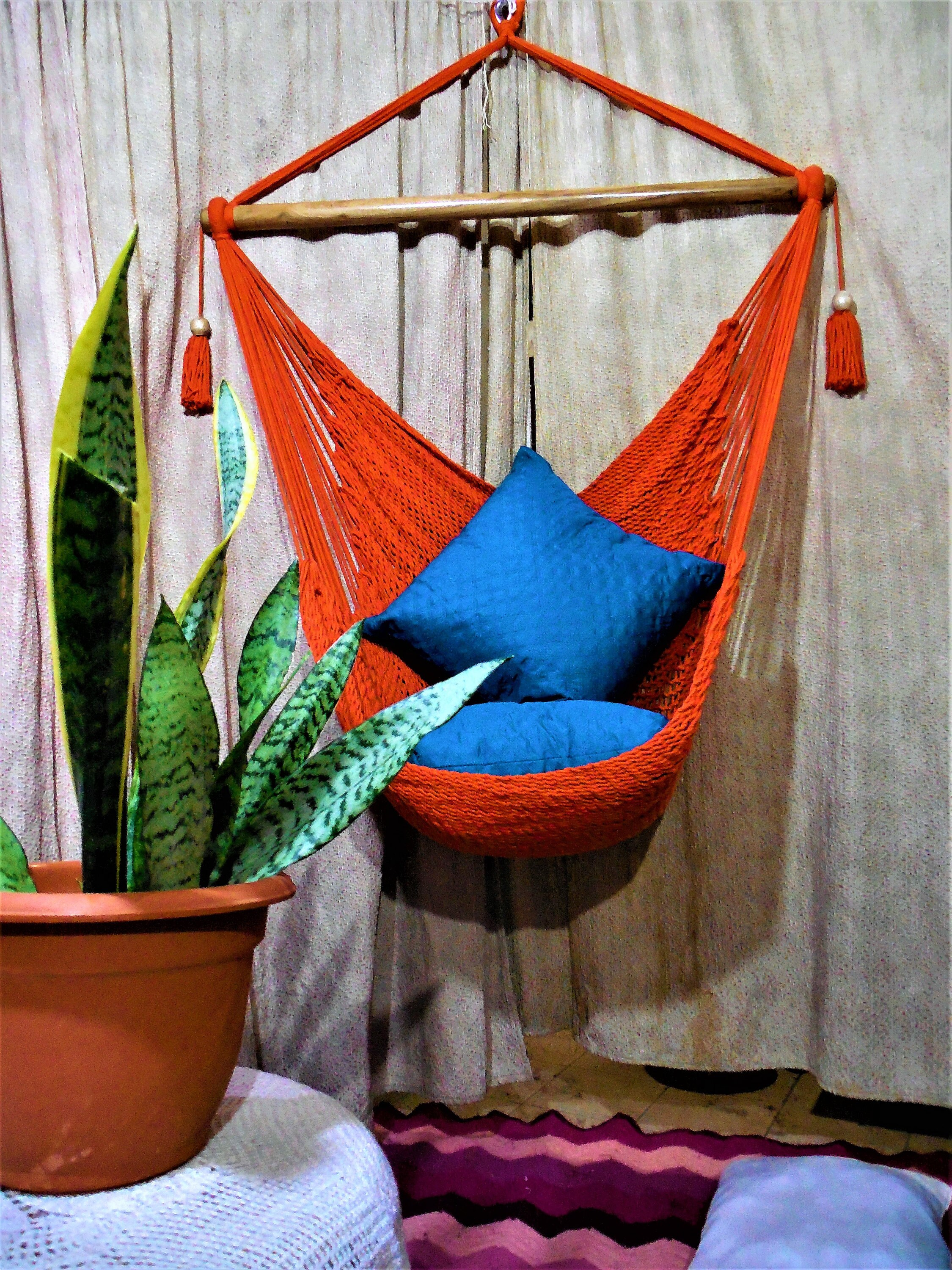 Hand woven Hammock Chair Orange Color With Cotton and Wood