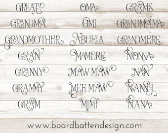 Grandmother Names SVG Bundle - Grandma Svg, Grammy SVG, Abuela Svg, Oma, Meemaw, Gran, Nonna, Omi, Maw Maw, Mimi, Nan, Nanny