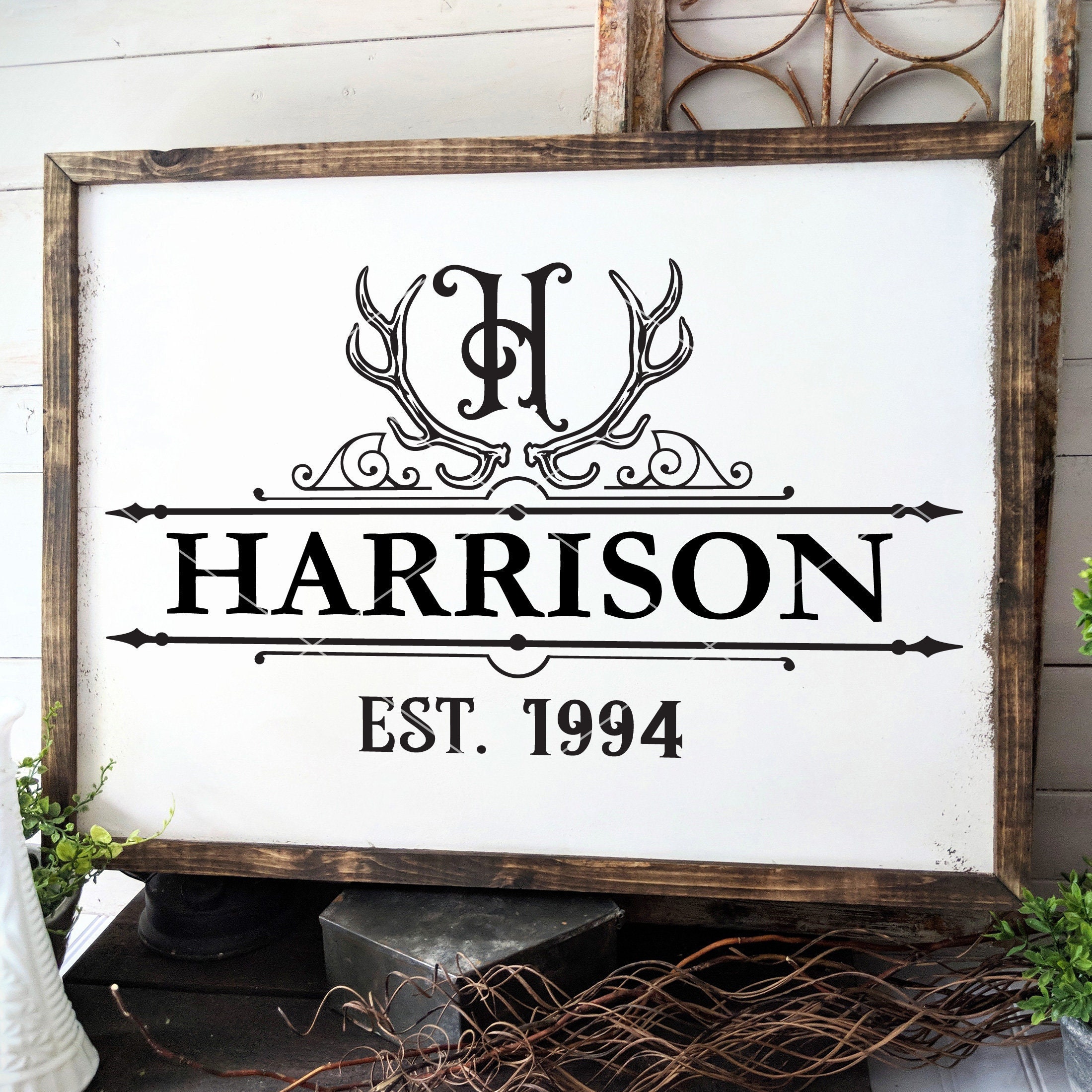 Vintage Antler Monogram Est Date SVG File Customizable Last Etsy
