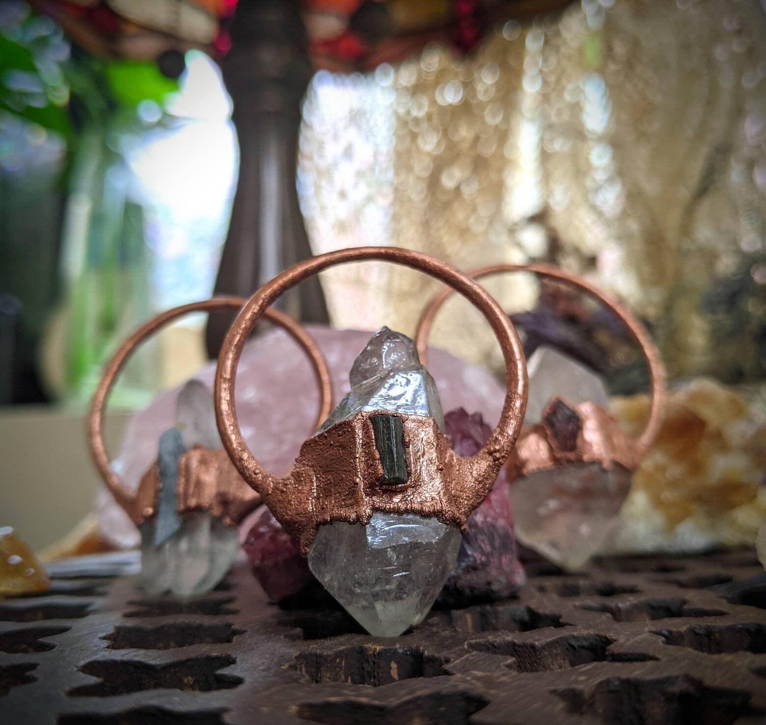 Crystal Quartz Double Point Electroformed Copper Pendant-Tourmaline and Kyanite Accent Boho Jewelry