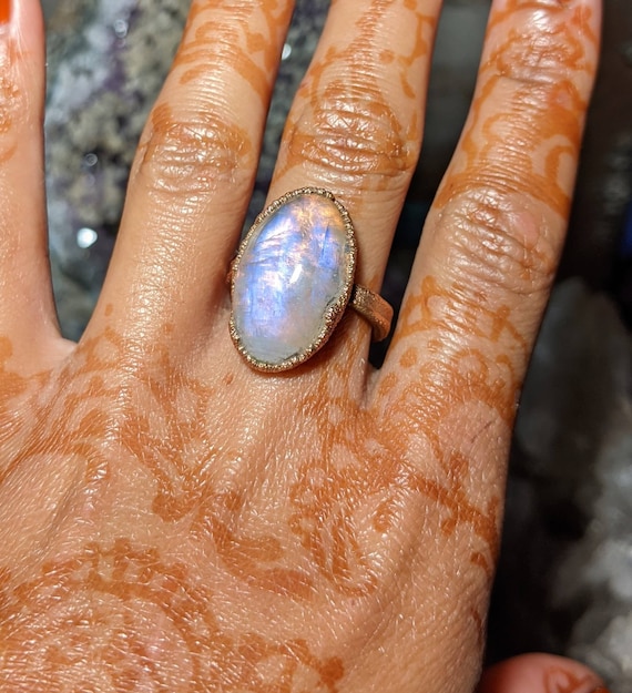 Rings Rainbow Moonstone Copper Electroformed Cabochon Custom Made  
