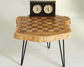 Chess Table, Wooden Chess Table, Live Edge Table for Chess, Chess Game Table, Chess Board Table, Rustic Chess Table, Chess Play-table,