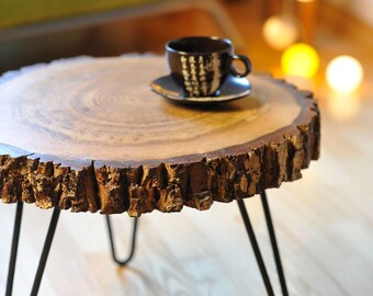 Live Edge Coffee Table, Round Coffee Table, Rustic Wood Slab Coffee Table, Modern Side Table, Mid-Century Coffee Table