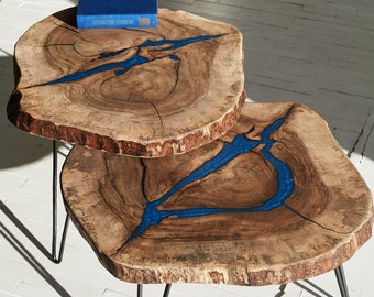 Nesting Tables, Blue Epoxy Resin Coffee Tables, Wood Coffee Tables, Unique Coffee Tables, Coffee Table, Side Tables Mid Century Modern Table