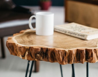 Round Coffee Table, Live Edge Coffee Table, Rustic Wood Slab Coffee Table, Modern Hairpin Legs End Table, Mid Century Coffee Table