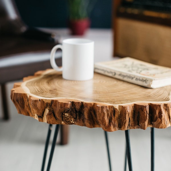 Round Coffee Table, Live Edge Coffee Table, Rustic Wood Slab Coffee Table, Modern Hairpin Legs End Table, Mid Century Coffee Table