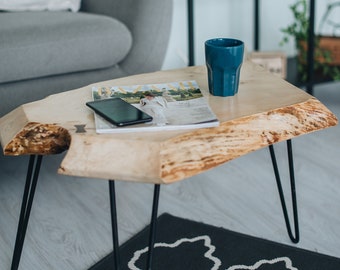 Live Edge Table, Modern Coffee Table, Elm Coffee Table, Hairpin Legs Table, Elm Wood Slab, Rustic Coffee Table End Side Coffee Table