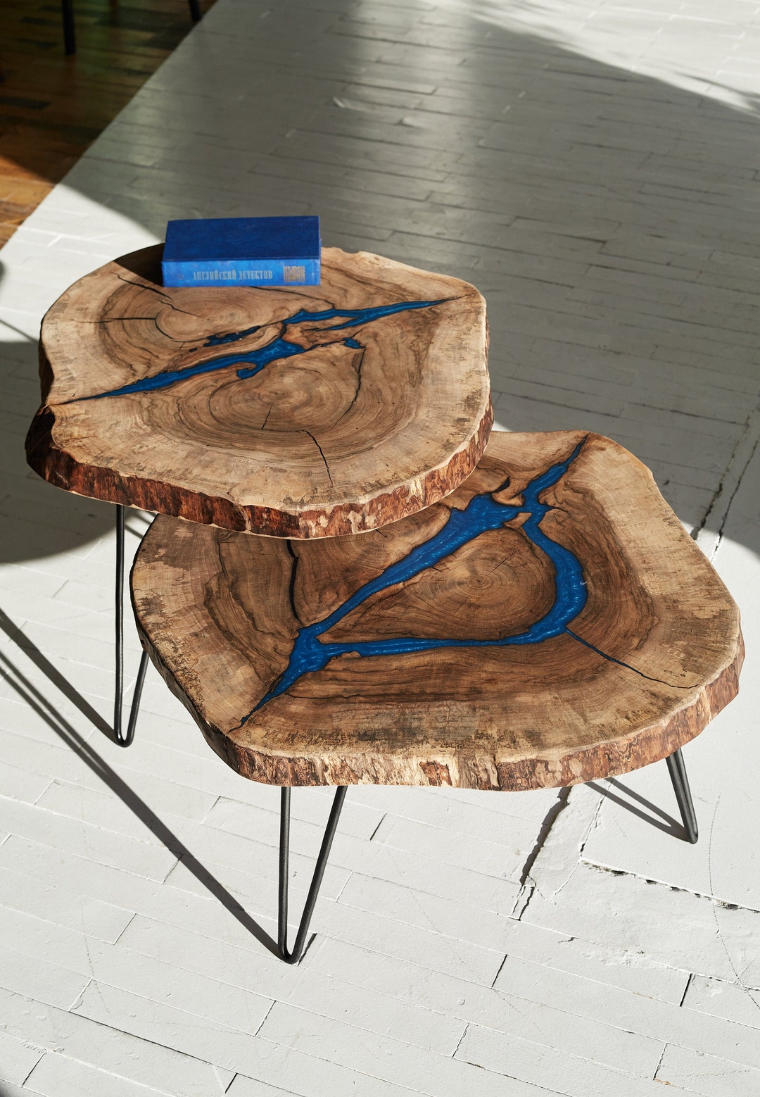 Nesting Tables, Blue Epoxy Resin Coffee Tables, Wood Coffee Tables