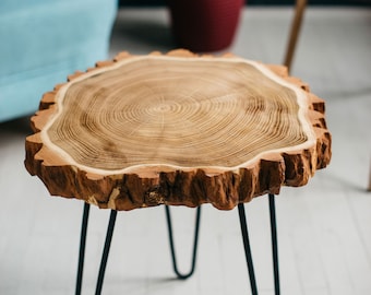 Mid Century Coffee Table, Rustic Wood Slab Coffee Table, Modern Hairpin Legs End Table, Acacia