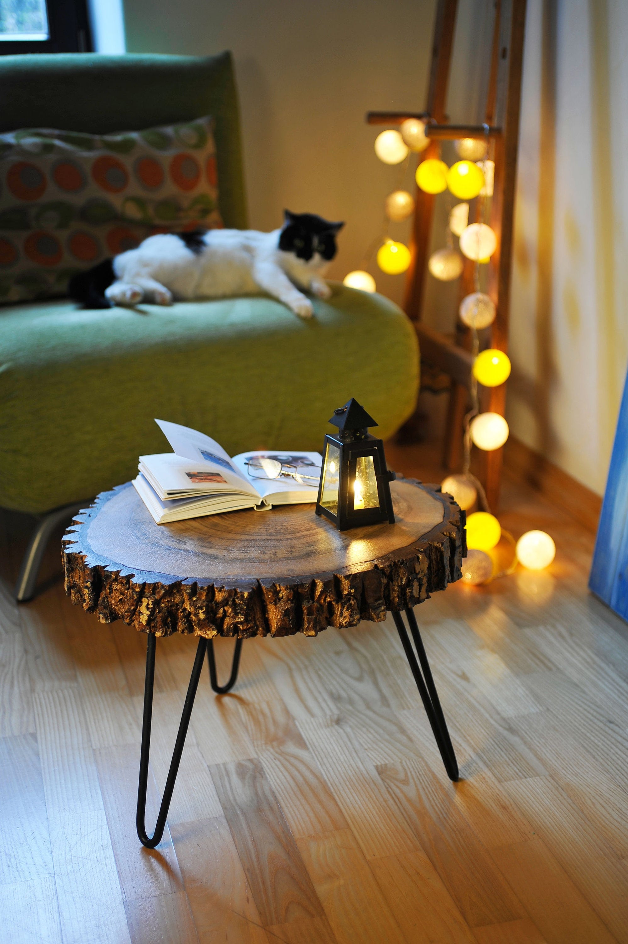 Table Basse Ronde, Table Live Edge, Rustique de Dalle Bois, d'extrémité Moderne Jambes d'épingle à C