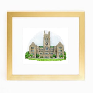 May include: A watercolor painting of a large, stone building with a clock tower. The building has a green roof and is surrounded by green trees and grass.