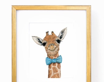 Dapper Giraffe Print, Watercolor Print of a Giraffe with a Blue Bow Tie, Nursery Gift, Wall Art