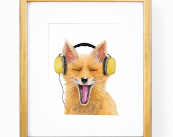 Watercolor Fox Print: Yellow Headphones, Nursery Wall Art