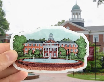 May include: A watercolor illustration of a red brick building with a fountain in front. The building has a white trim and a white cupola. The fountain is surrounded by a brick wall and has a few water jets. The building is surrounded by trees.