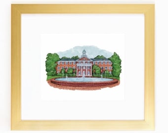 Elon University Watercolor Print: Alamance Hall Art