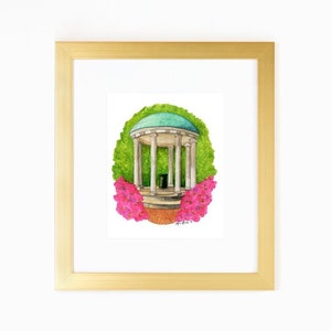 May include: A watercolor painting of a white gazebo with a green roof surrounded by pink flowers. The gazebo is set against a green background.