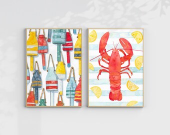 Lobster and Buoys Watercolor Prints | Coastal Summer Nautical Art (Digital Download)