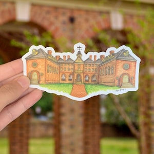 May include: A watercolor illustration of a brick building with a central entrance and a tall, pointed roof. The building has multiple windows and a symmetrical design. The illustration is on a white background.
