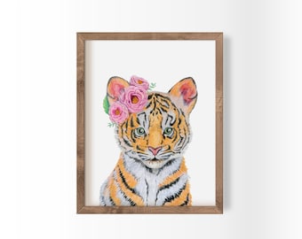 Baby Tiger Watercolor Print with Flowers | Whimsical Animal Nursery Decor (Digital Download)
