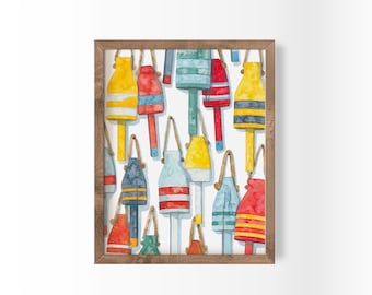 Lobster Buoys Watercolor Print | Nautical Coastal Art (Digital Download)