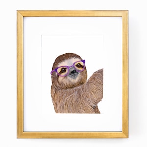 May include: A brown and tan sloth wearing purple glasses, looking directly at the viewer. The sloth is in a gold frame.