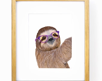 Sloth Watercolor Print: Purple Glasses, Nursery Wall Art