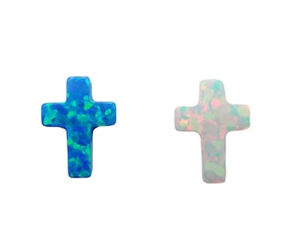 Lab-Created Opal Cross Pendant – Blue or White Christian Charm (9x12mm)